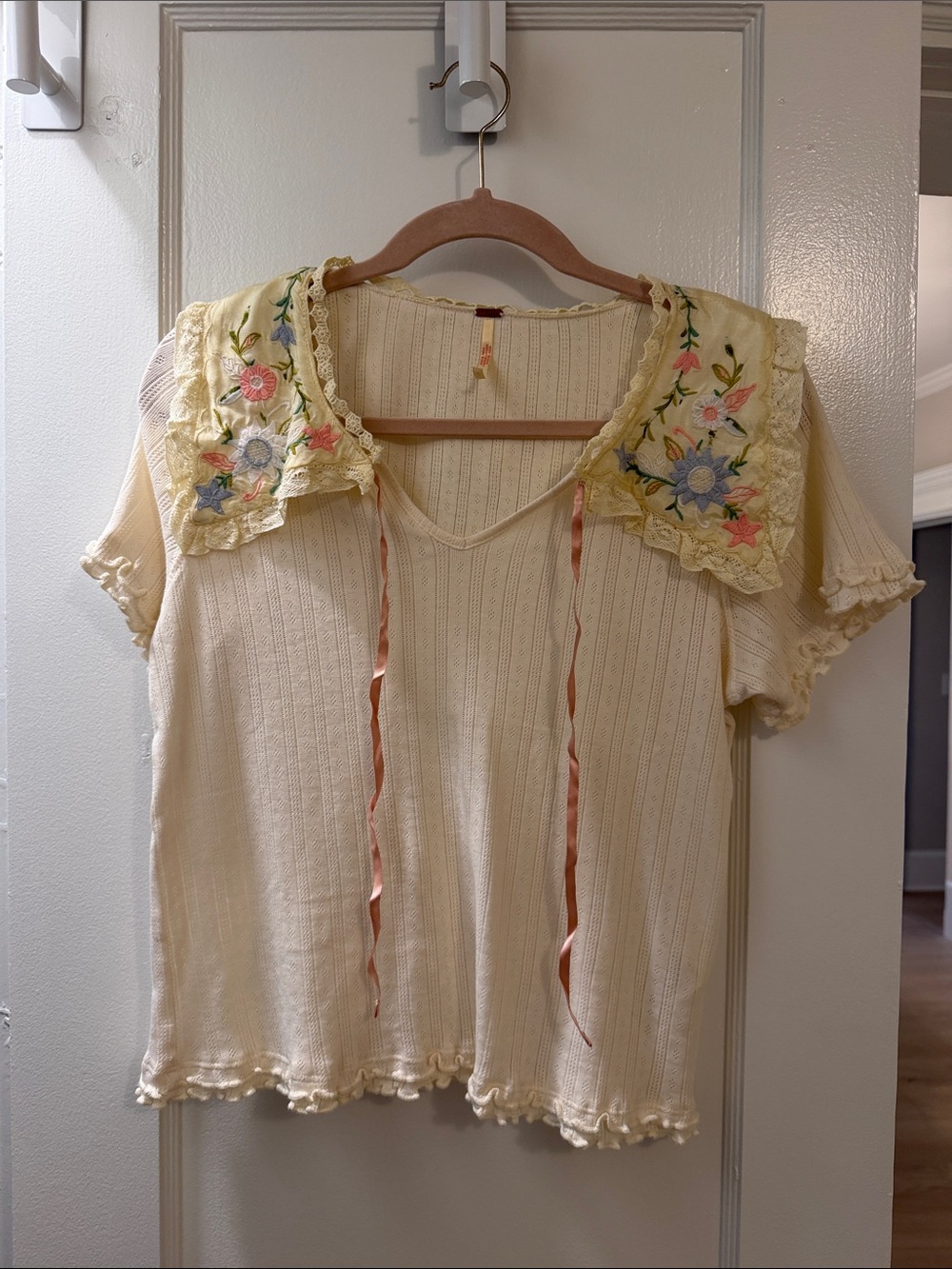 Free People Cream Embroidered Collared Top with Ribbon Ties
